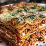 Close-up view of a layered lasagna with melted cheese on top, garnished with parsley.