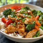 Close-up view of a vibrant gluten-free chicken stir fry with colorful vegetables.