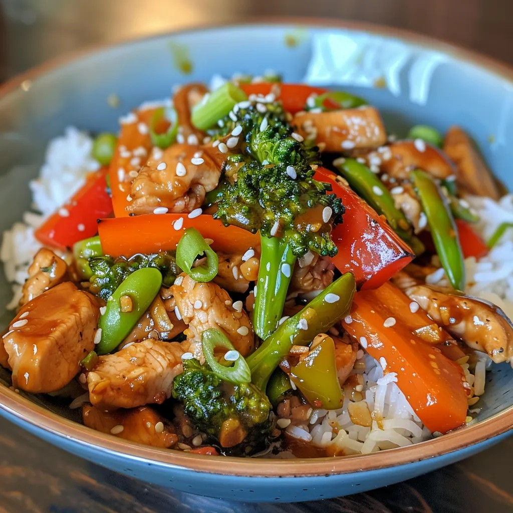 Juicy chicken stir fry featuring red bell peppers, broccoli, and snap peas in a bowl.