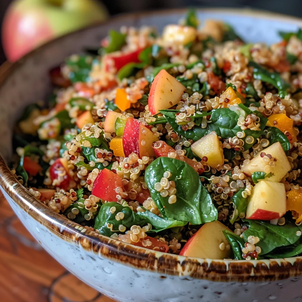 Fresh Quinoa and Spinach Salad displayed with a side view showcasing its ingredients.