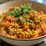 Close-up view of cooked red lentil pasta garnished on a plate.
