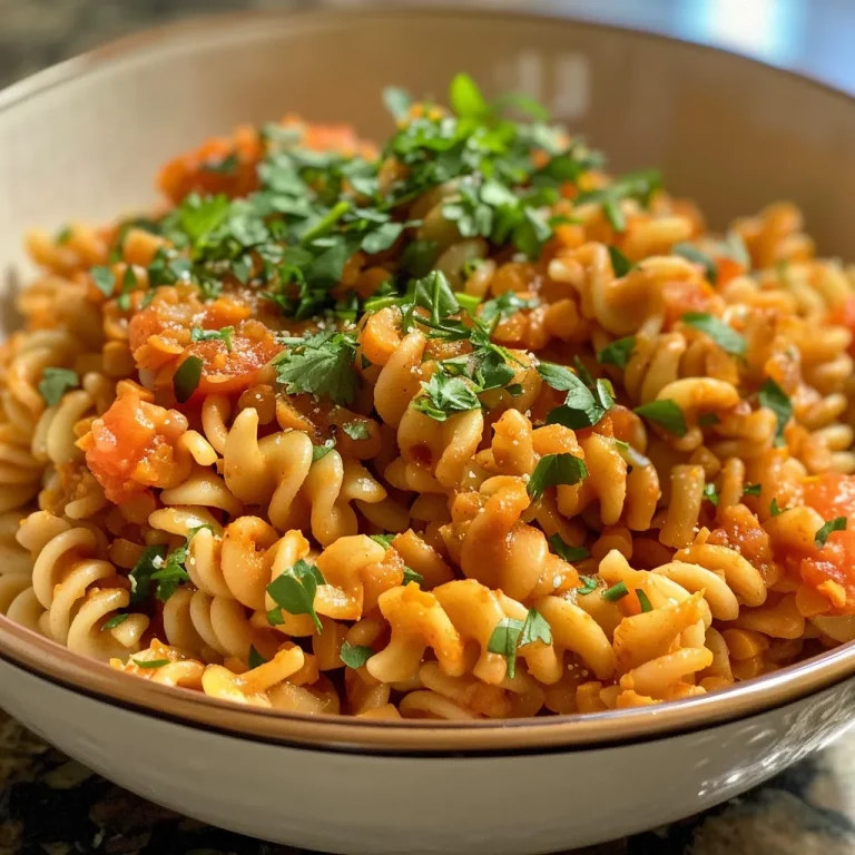 Close-up view of cooked red lentil pasta garnished on a plate.