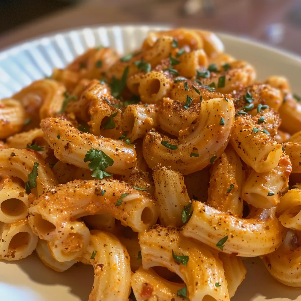 Side profile of a serving of red lentil pasta with a vibrant color.