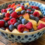 A vibrant fruit salad featuring red raspberries, blue blueberries, and white apple pieces in a close-up view.