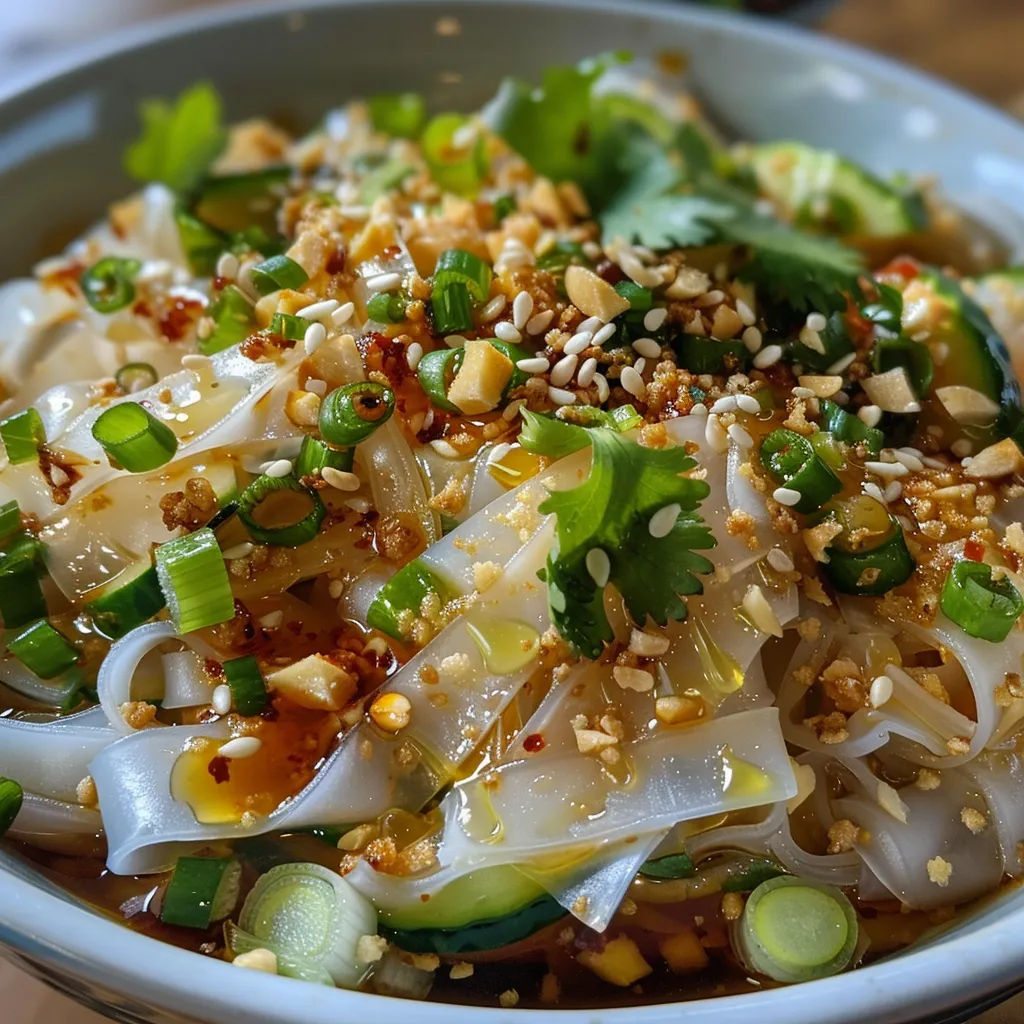 Side view of rice paper noodles with vibrant green onions and sesame seeds.