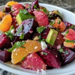 A vibrant roasted beet salad with slices of avocado and citrus fruits, topped with feta and fresh mint.