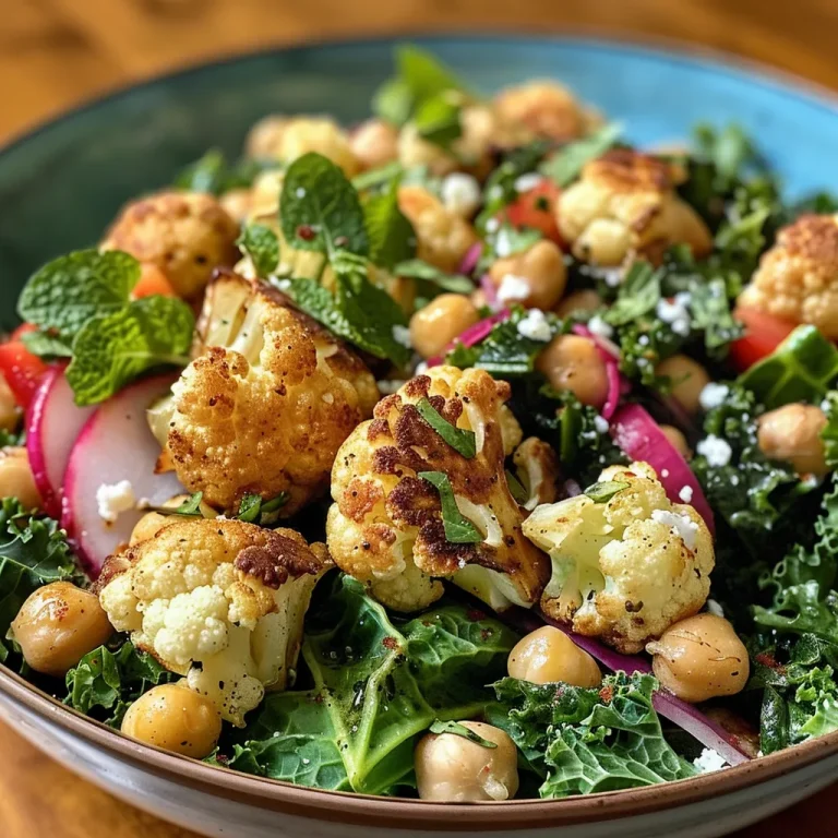 Close-up of a vibrant roasted cauliflower salad with mixed greens and feta.