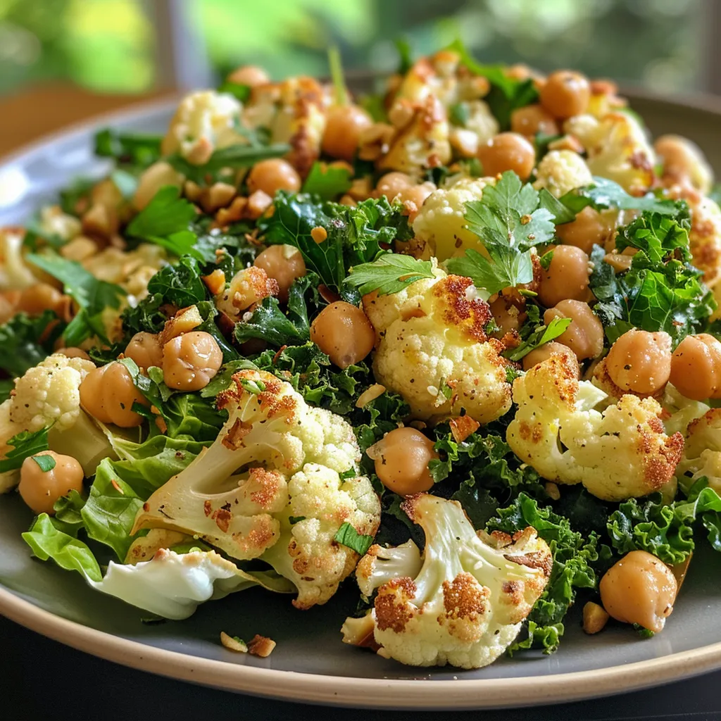 Side view of a colorful salad featuring roasted cauliflower and fresh vegetables.