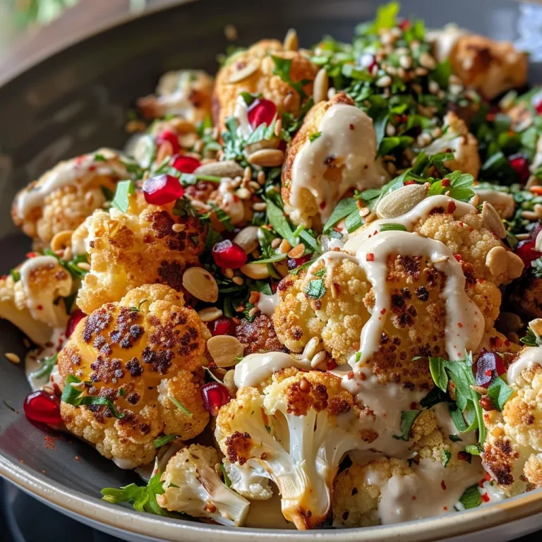 A close-up view of a vibrant roasted cauliflower tahini salad with colorful toppings.