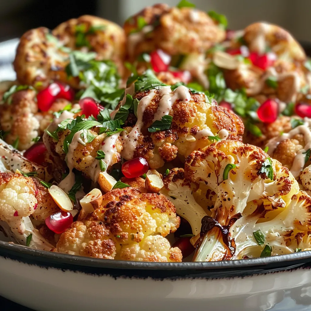 A detailed side view of roasted cauliflower mixed with tahini sauce and garnished with parsley and pomegranate seeds.