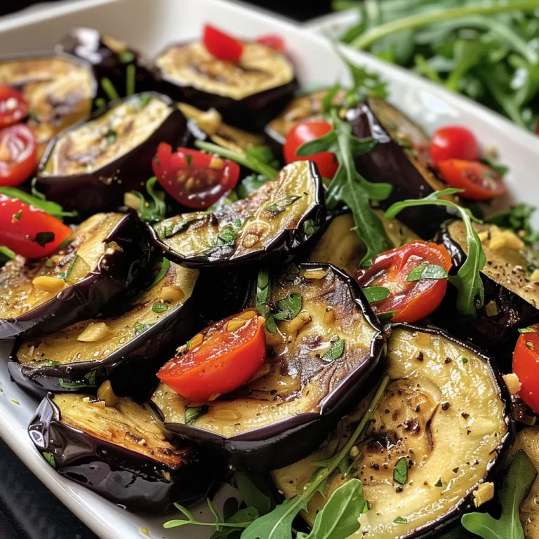 A close-up view of a vibrant roasted eggplant salad featuring diced eggplant, tomatoes, and a creamy cucumber-yogurt sauce.