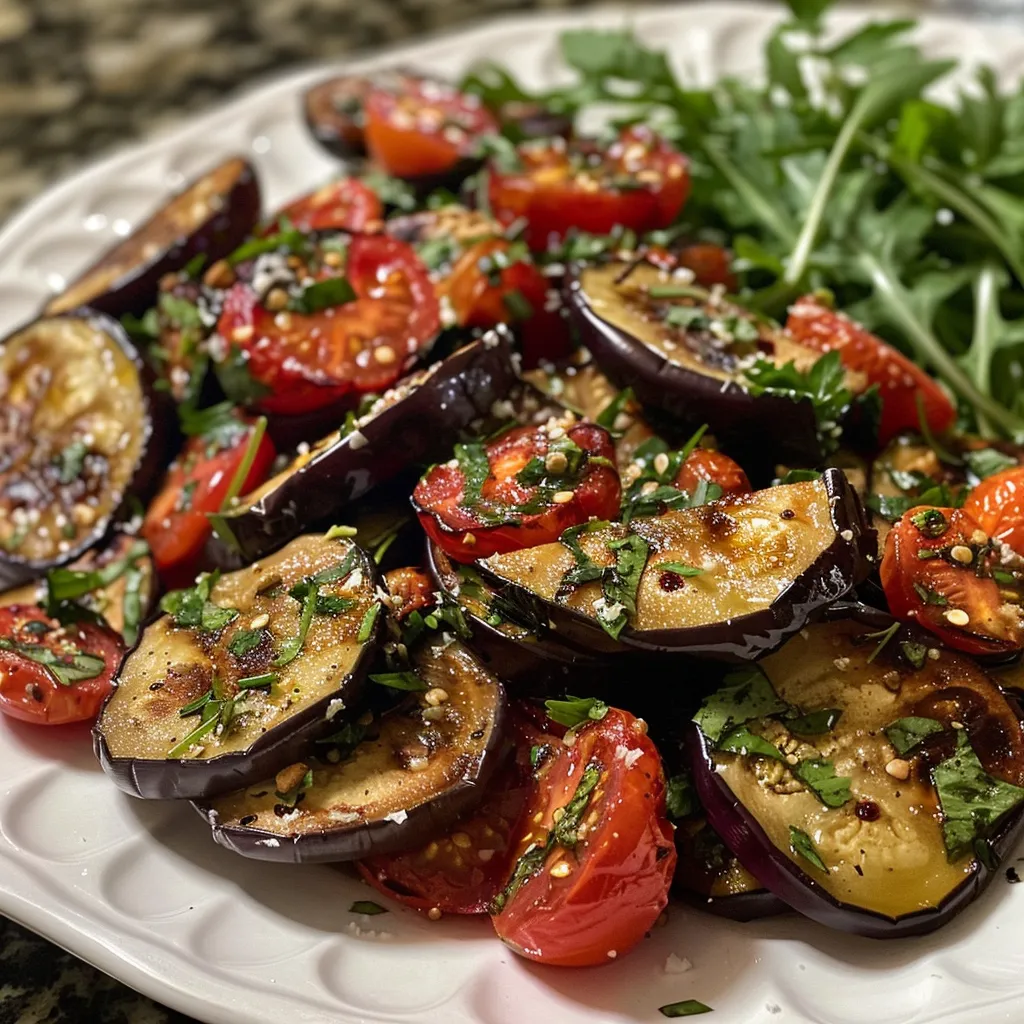 Side view of a colorful roasted eggplant salad garnished with cherry tomatoes and drizzled with yogurt sauce on a plate.