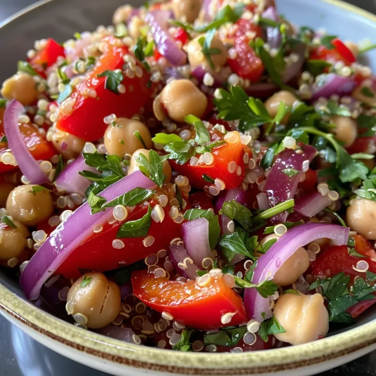 Close-up view of a vibrant roasted red pepper salad with fresh greens.