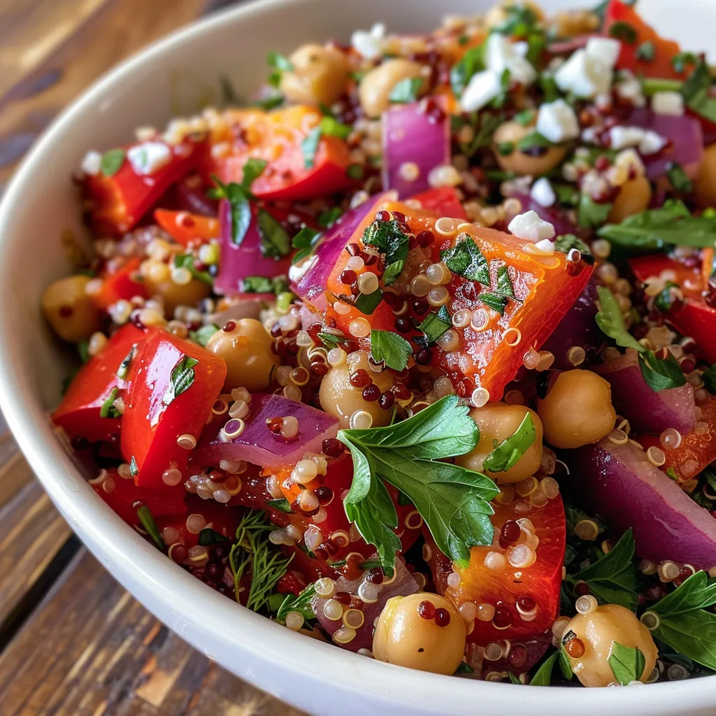 Side view of a colorful salad featuring roasted red peppers, herbs, and dressing.
