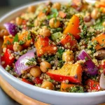A vibrant Roasted Veggie Chickpea Pesto Quinoa Salad with colorful vegetables and chickpeas.