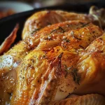 Juicy roasted whole chicken with crispy skin and herbs, placed on a wooden cutting board.
