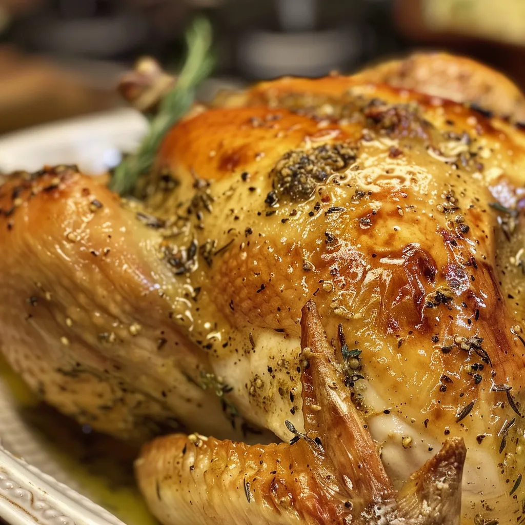 Side view of a golden-brown roasted chicken garnished with lemon and rosemary.