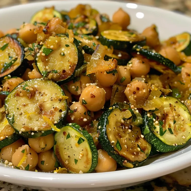 Close-up of a vibrant roasted zucchini and chickpea salad with lemon zest.