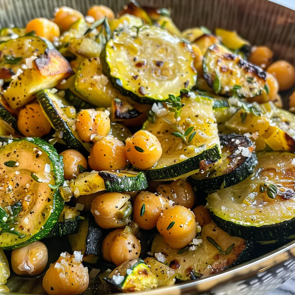 A side view of a colorful salad featuring roasted zucchini slices and chickpeas.