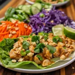 Close-up view of Thai peanut chicken lettuce wraps filled with colorful vegetables.