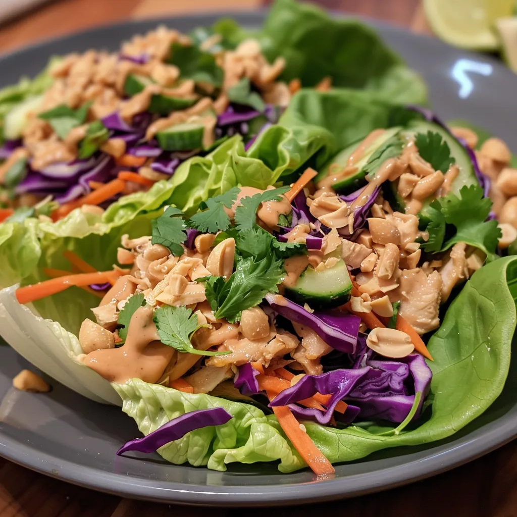 Savory Thai chicken lettuce wraps garnished with cilantro and peanuts on a plate.