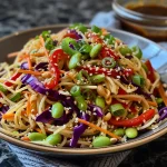 Close-up of a colorful Vegan Sesame Ginger Noodle Salad with various fresh vegetables.