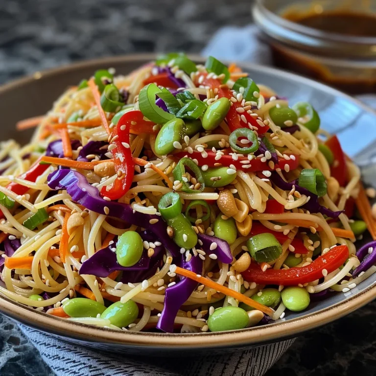 Close-up of a colorful Vegan Sesame Ginger Noodle Salad with various fresh vegetables.