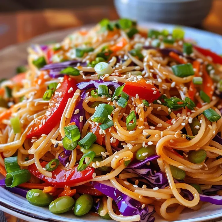 Close-up view of a colorful Sesame Ginger Noodle Salad with vibrant vegetables and sesame seeds.