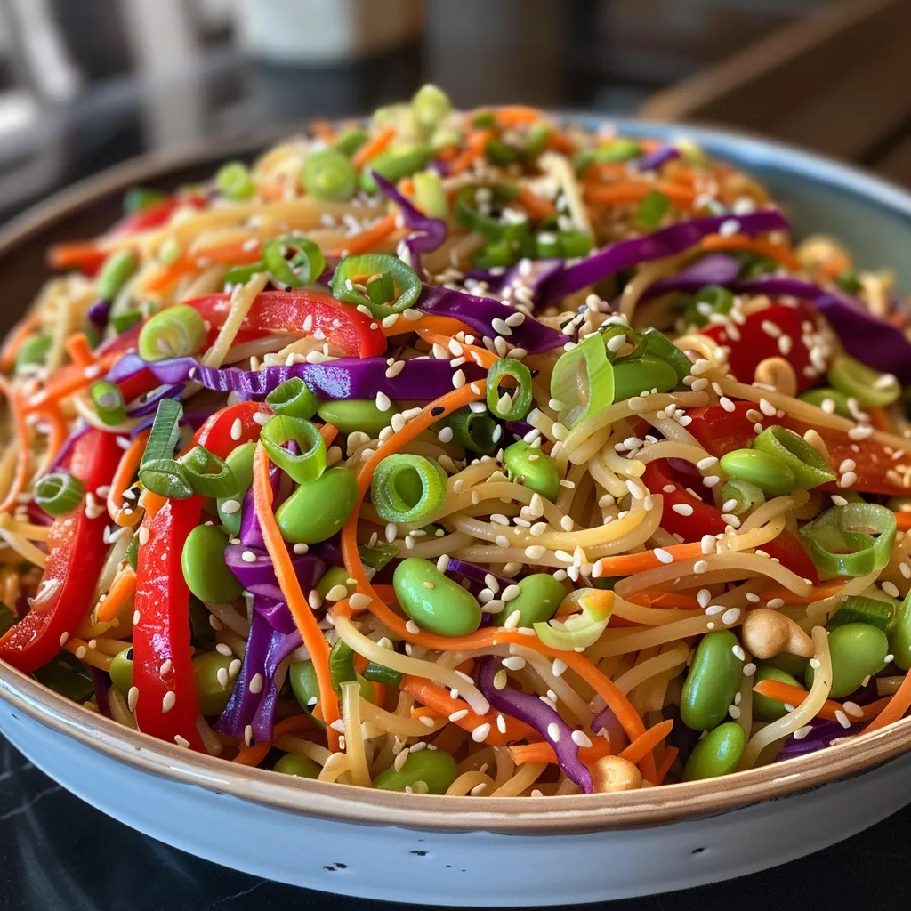 Side view of a vibrant Sesame Ginger Noodle Salad featuring spaghetti and garnished with sesame seeds.