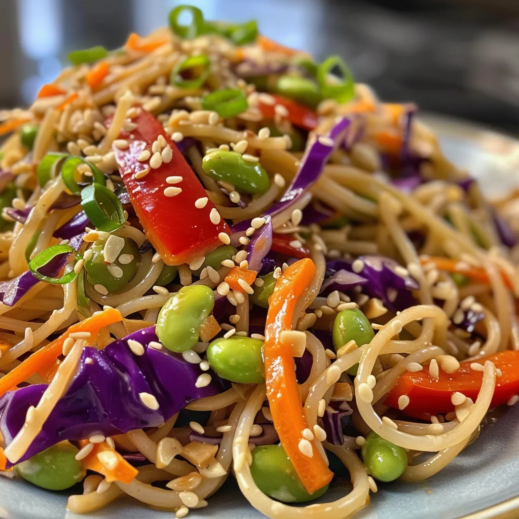 Side angle of a delicious vegan noodle salad featuring spaghetti, red pepper, and purple cabbage.