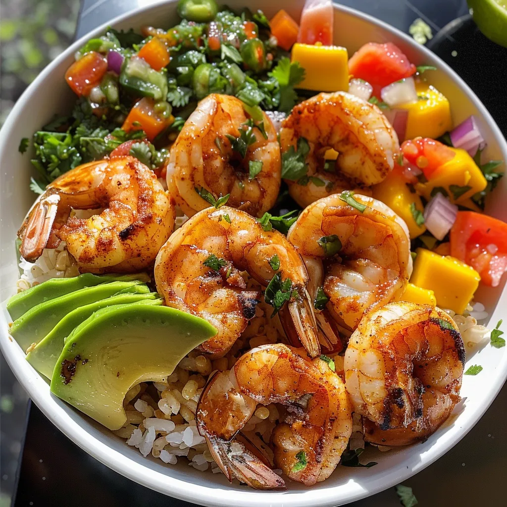 A vibrant shrimp and avocado bowl garnished with fresh mango salsa and lime chili sauce.