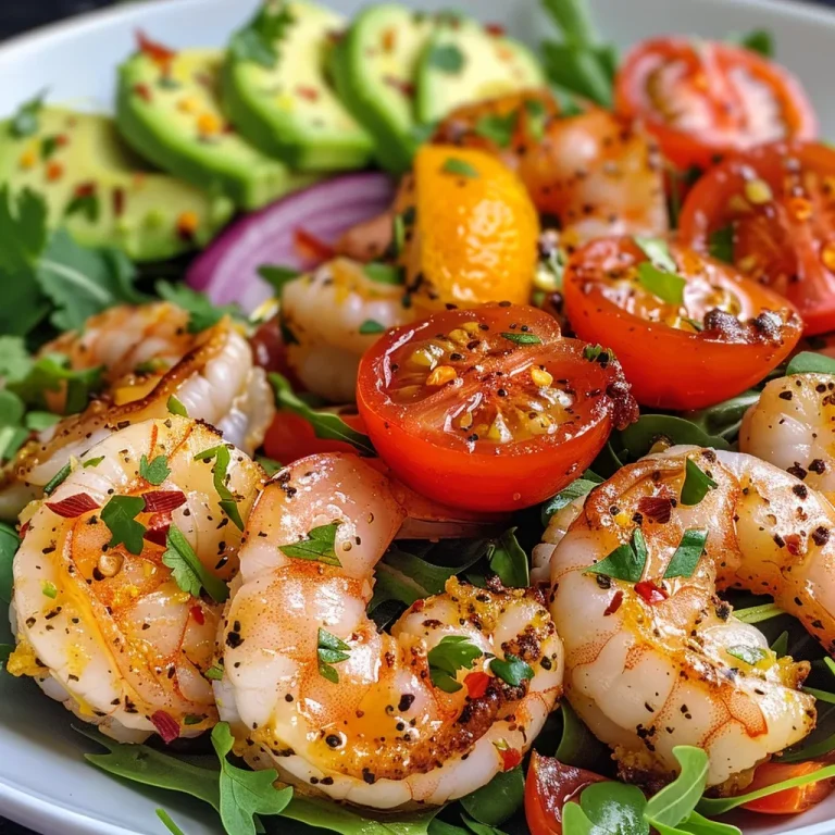 Close-up view of a vibrant shrimp salad with citrus dressing, garnished with cherry tomatoes and cilantro.