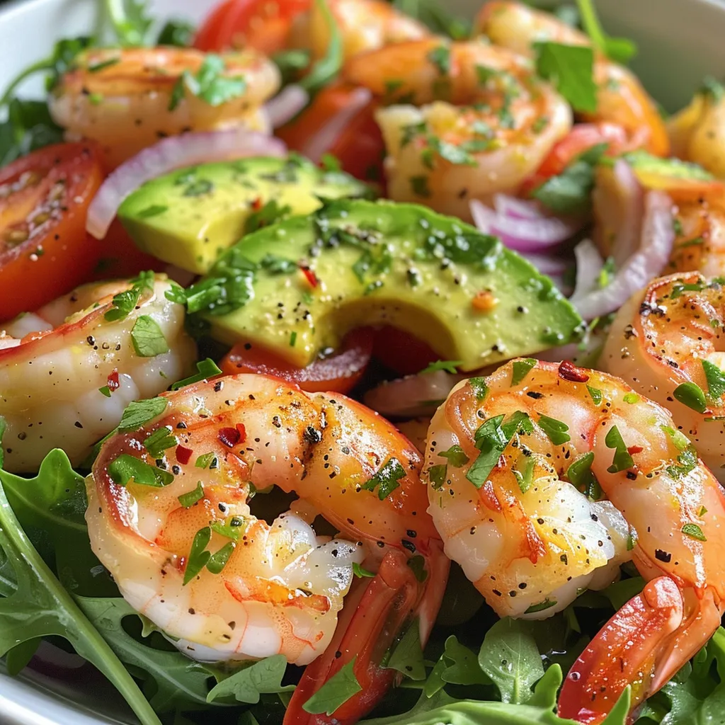 A side view of a colorful shrimp salad featuring avocado slices, red onion, and a citrus dressing.