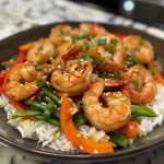 Close-up of a vibrant shrimp stir fry featuring colorful vegetables.