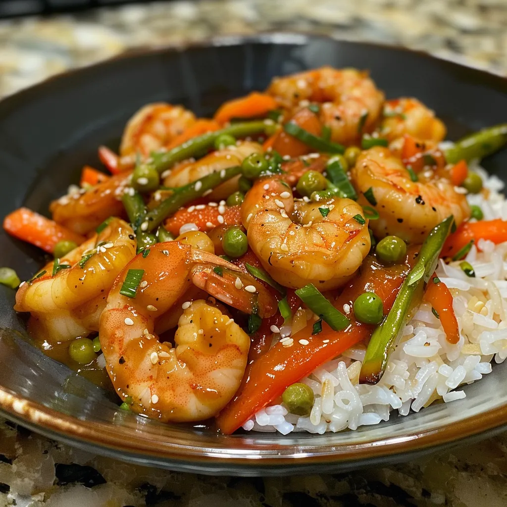 Juicy shrimp stir fry with bell peppers and snap peas on a white plate.
