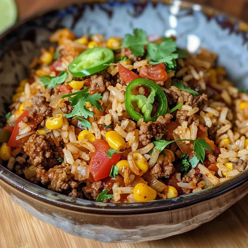 Juicy beef rice dish with visible bell peppers, black beans, and melted cheese in a skillet.