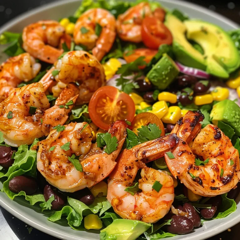 Close-up view of a vibrant Southwest salad topped with shrimp and fresh ingredients.