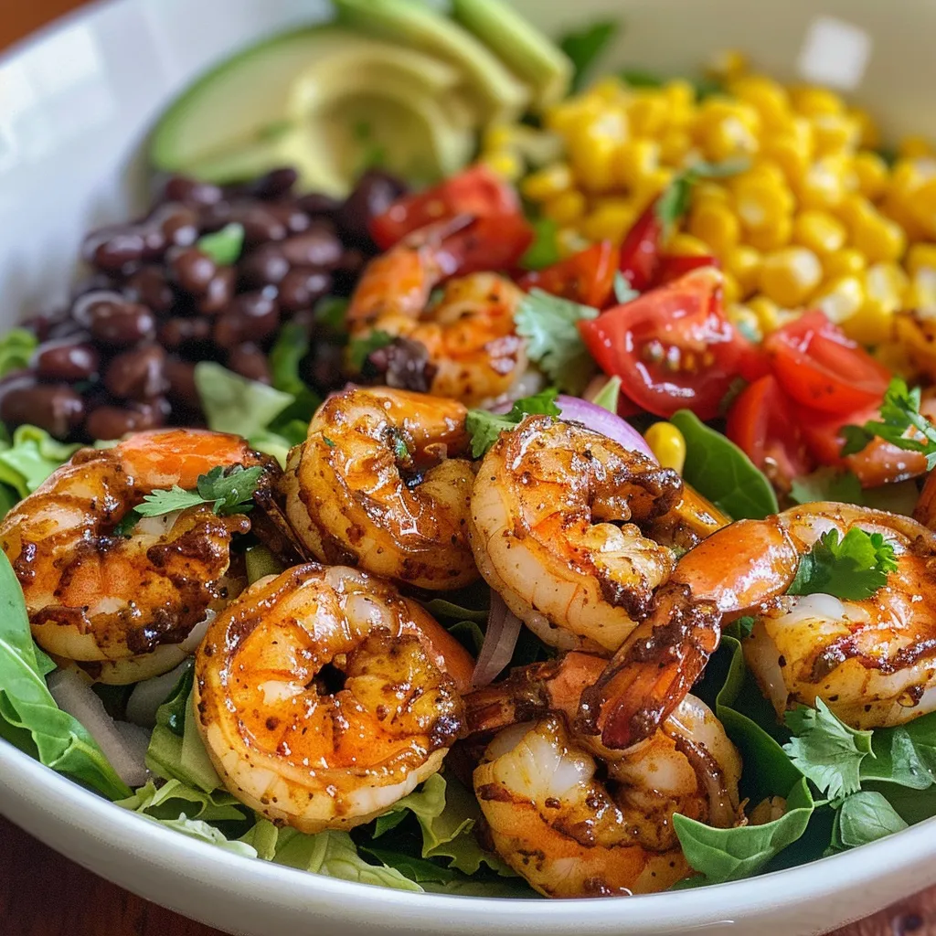 A colorful Southwest salad with shrimp, featuring chopped romaine, avocado, and tomatoes.
