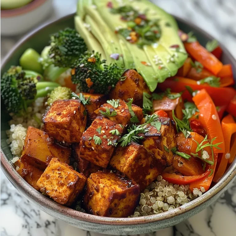A close-up view of a quinoa bowl filled with spiced tofu, roasted vegetables, and avocado slices.