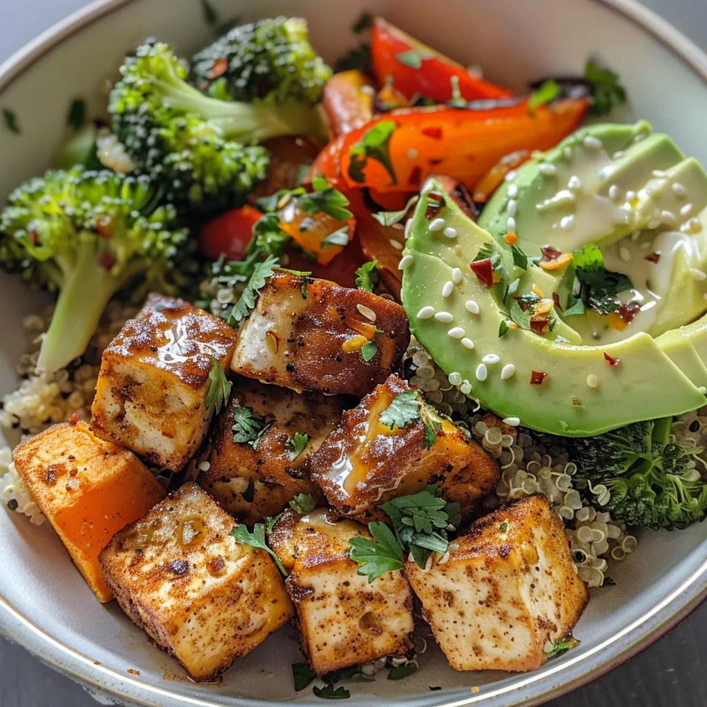 A vibrant quinoa bowl featuring cubed tofu, colorful roasted veggies, and topped with fresh avocado.