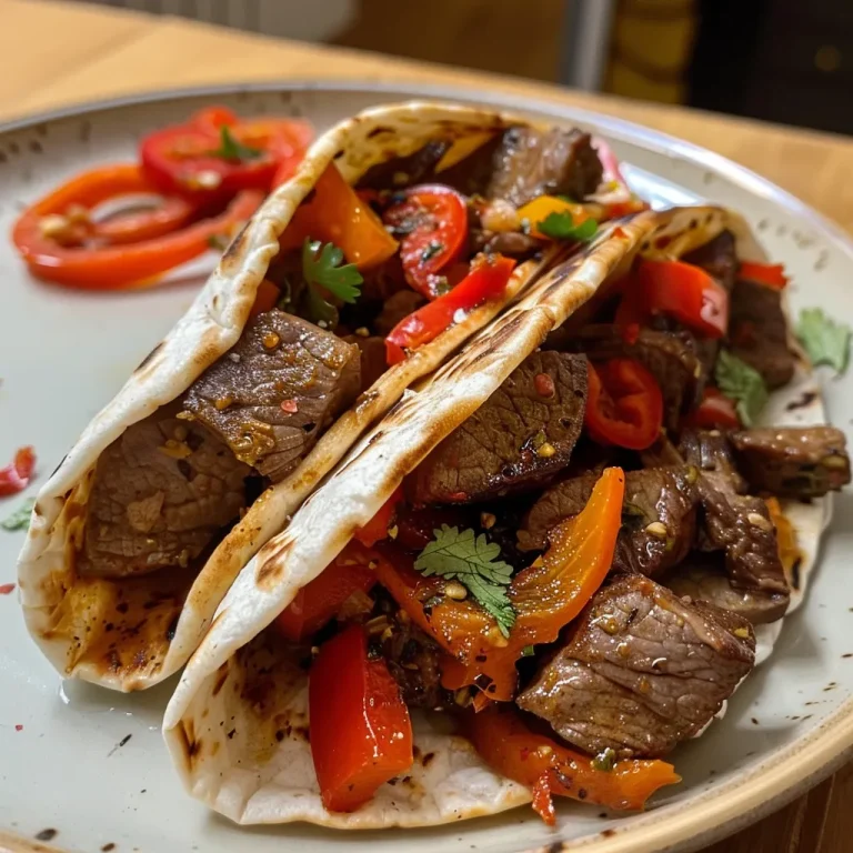 Close-up of a juicy spicy beef wrap with fresh ingredients.