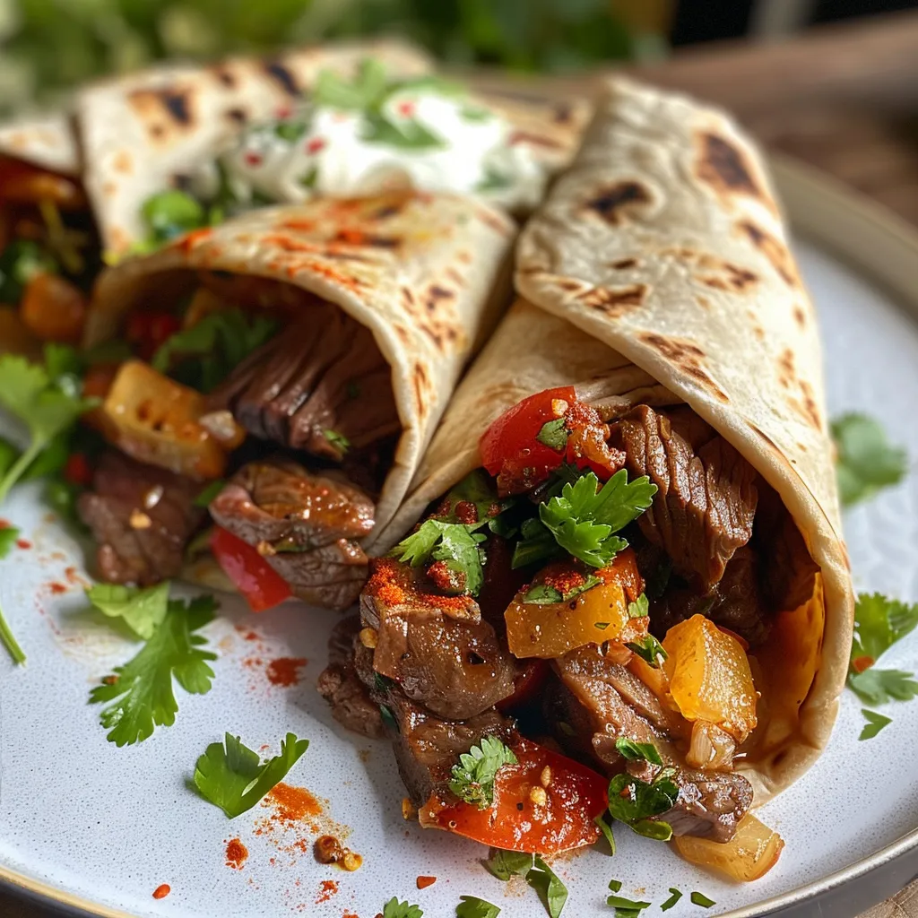 Side view of delicious beef wraps filled with colorful vegetables.