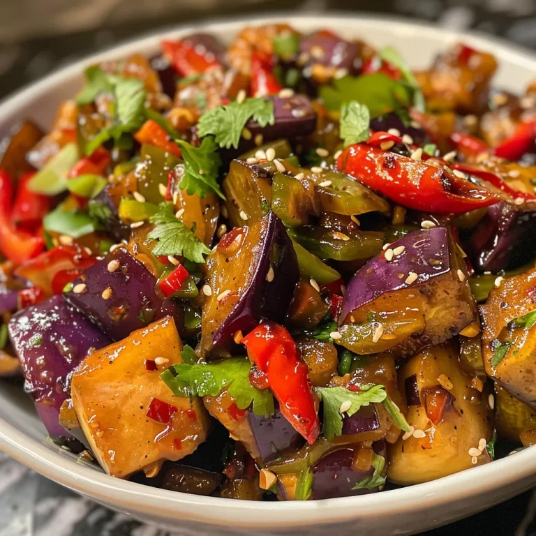 Close-up view of a vibrant Spicy Eggplant Stir Fry with glossy eggplant pieces and garnishes.