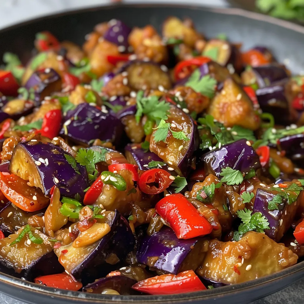 Side view of a delicious plate of Spicy Eggplant Stir Fry featuring eggplants and bell peppers.