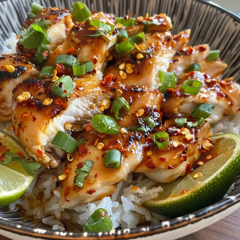 A close-up view of a Spicy Garlic Chicken Rice Bowl with creamy sauce and garnishes.