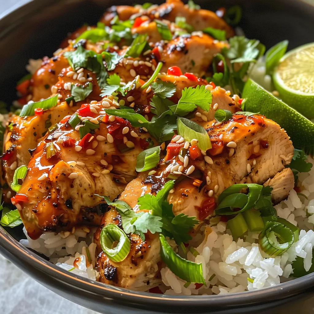Juicy pieces of chicken and rice topped with a rich chili sauce and fresh herbs in a bowl.