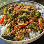 Close-up of a Spicy Ground Beef Stir-Fry Bowl with colorful vegetables and white rice.