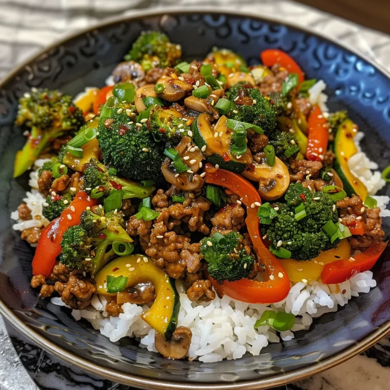 Close-up view of a colorful Spicy Ground Beef Stir-Fry Bowl with mixed vegetables and rice.