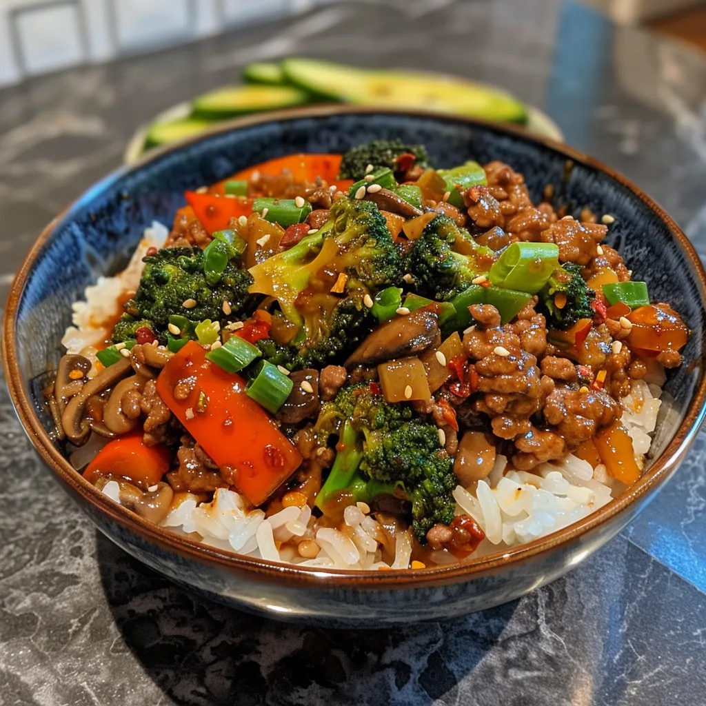Side view of a vibrant Spicy Ground Beef Stir-Fry served in a bowl, showcasing meat and vegetables.
