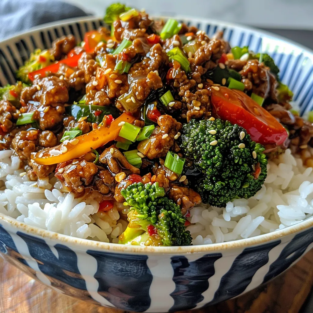 Side view of a delicious spicy stir-fry bowl featuring ground beef, broccoli, bell pepper, and rice.